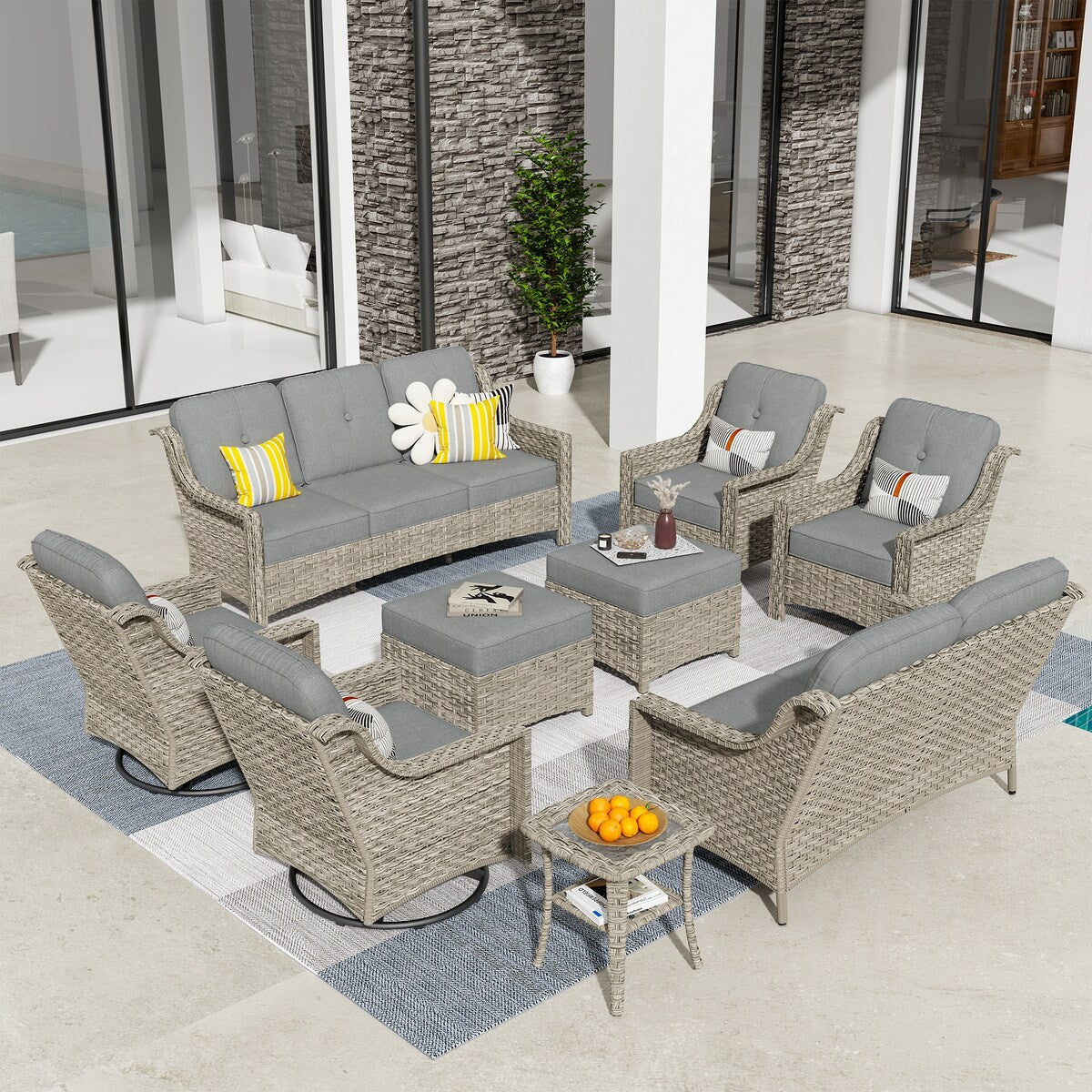HOOOWOOO 9-piece Wicker High Back Patio Outdoor Swivel Chair Set