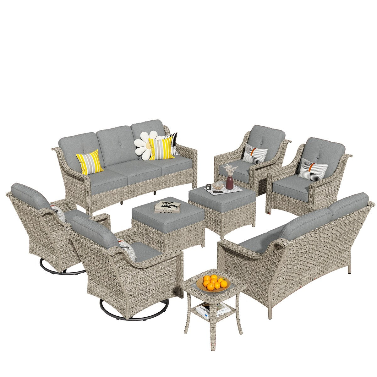 HOOOWOOO 9-piece Wicker High Back Patio Outdoor Swivel Chair Set
