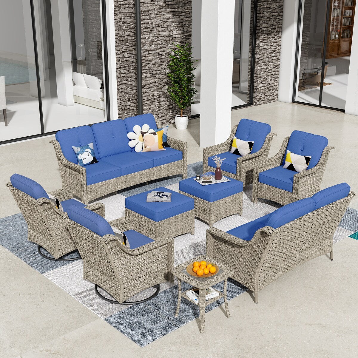 HOOOWOOO 9-piece Wicker High Back Patio Outdoor Swivel Chair Set