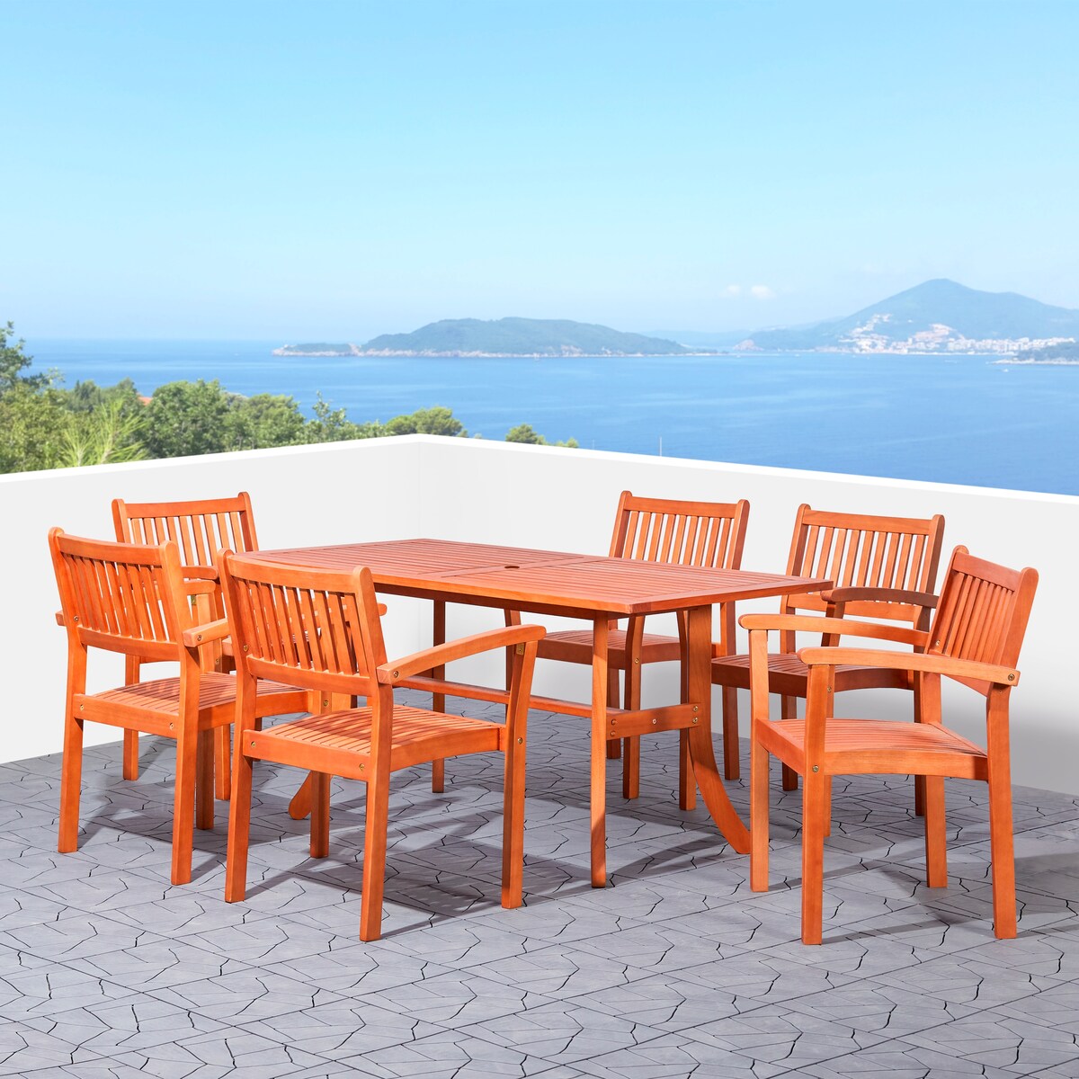 Hakan Wood Patio Curvy Legs Table and Stacking Chair Set