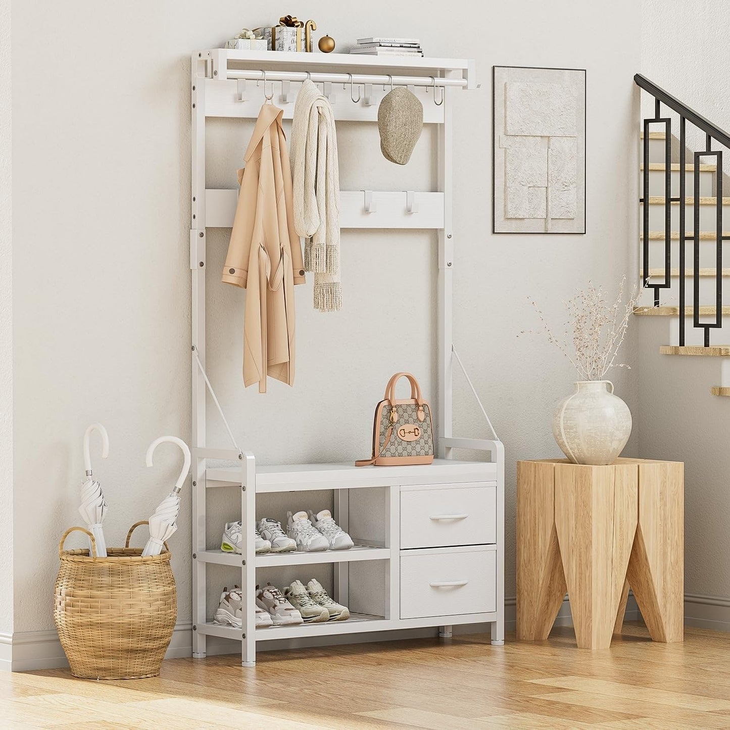 Hall Tree with Bench, Can Divided into freestanding Shoe Bench and Wall Rack