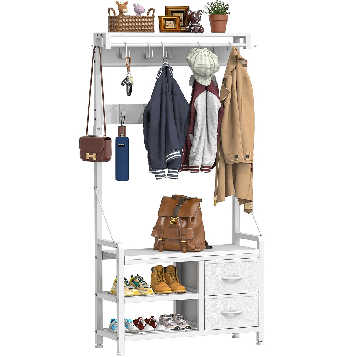 Hall Tree with Bench, Can Divided into freestanding Shoe Bench and Wall Rack