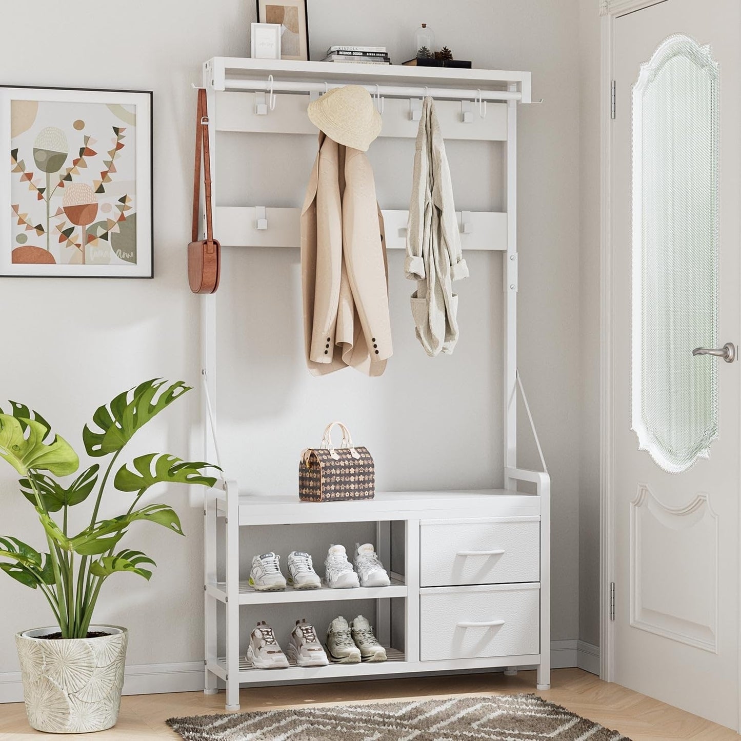 Hall Tree with Bench, Can Divided into freestanding Shoe Bench and Wall Rack