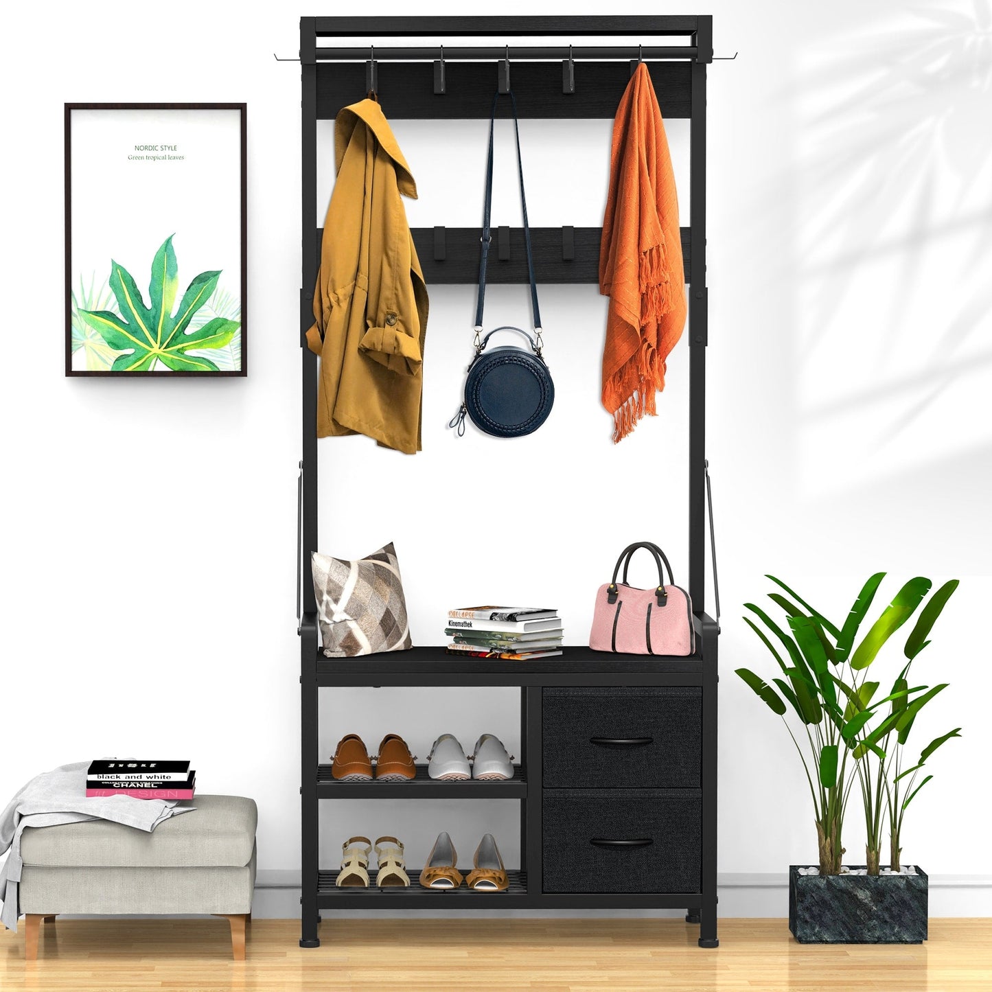 Hall Tree with Bench, Can Divided into freestanding Shoe Bench and Wall Rack