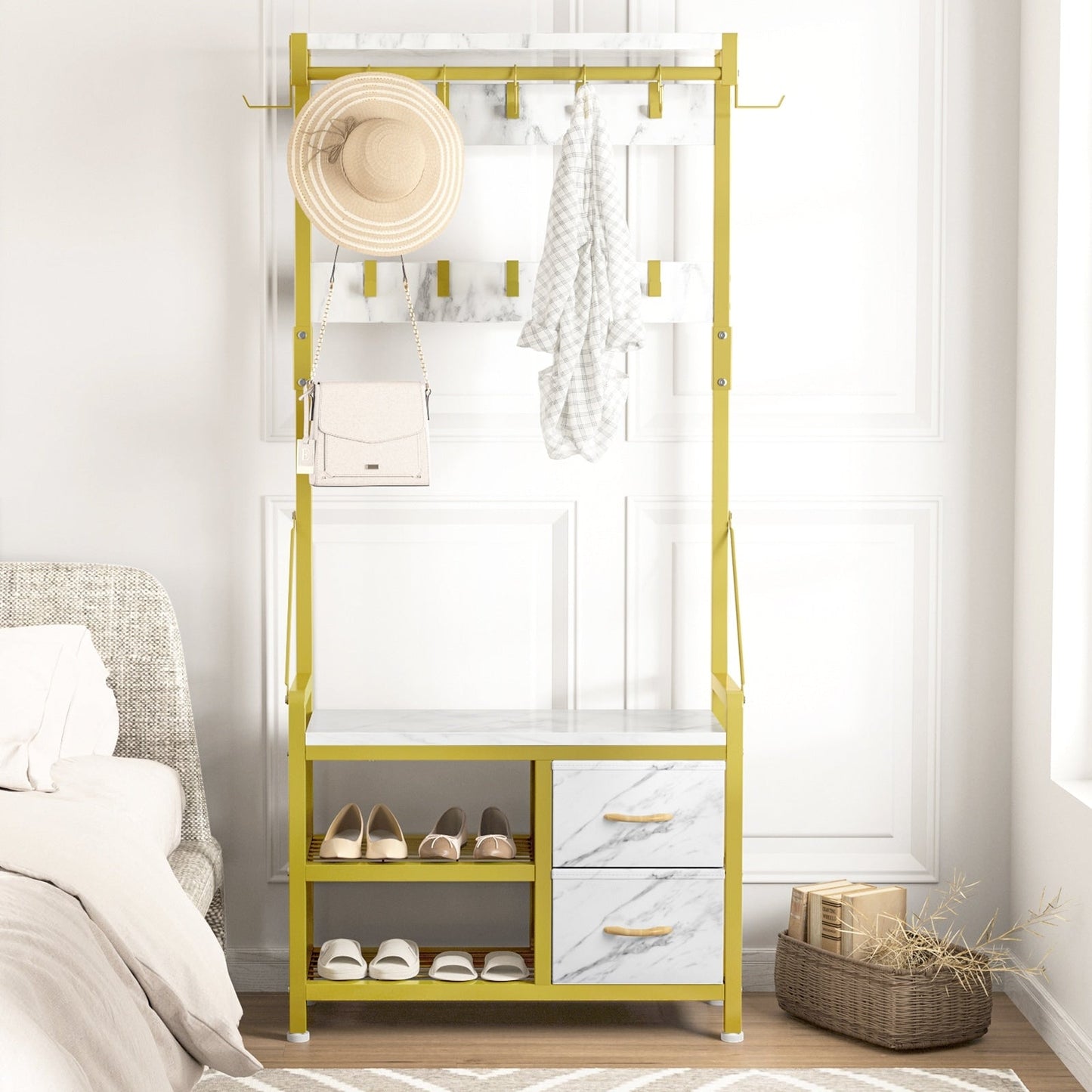 Hall Tree with Bench, Can Divided into freestanding Shoe Bench and Wall Rack