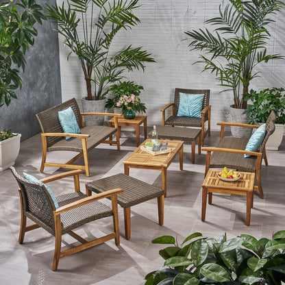 Hampton Outdoor 9-pc. Wood/Wicker Chat Set by Christopher Knight Home