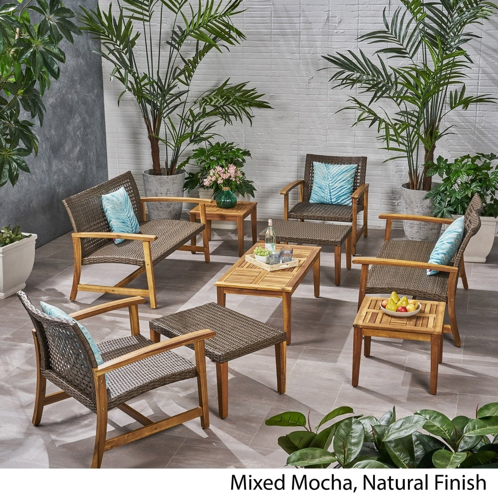 Hampton Outdoor 9-pc. Wood/Wicker Chat Set by Christopher Knight Home