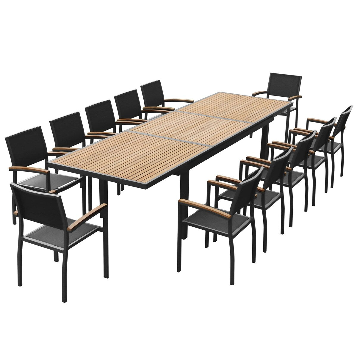 Heck 13 Pieces FSC Teak Aluminum Outdoor Dining Set for 12 Person, Extendable Table and Stackable Chair, Charcoal Black