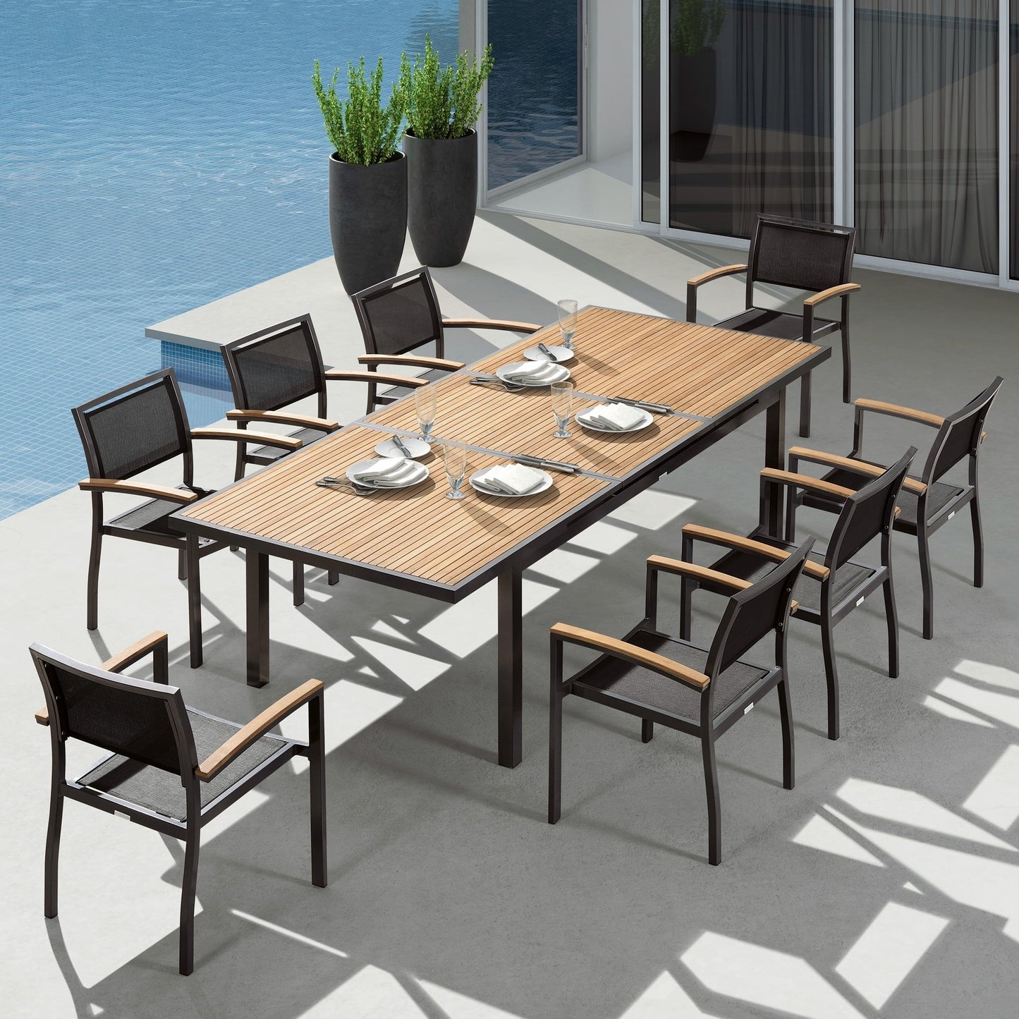 HIGOLD - Heck 9 Pieces Retractable Patio Dining Sets for 8 Seaters Outdoor Dining, Grade A Teak, Space Alum, Matte Charcoal