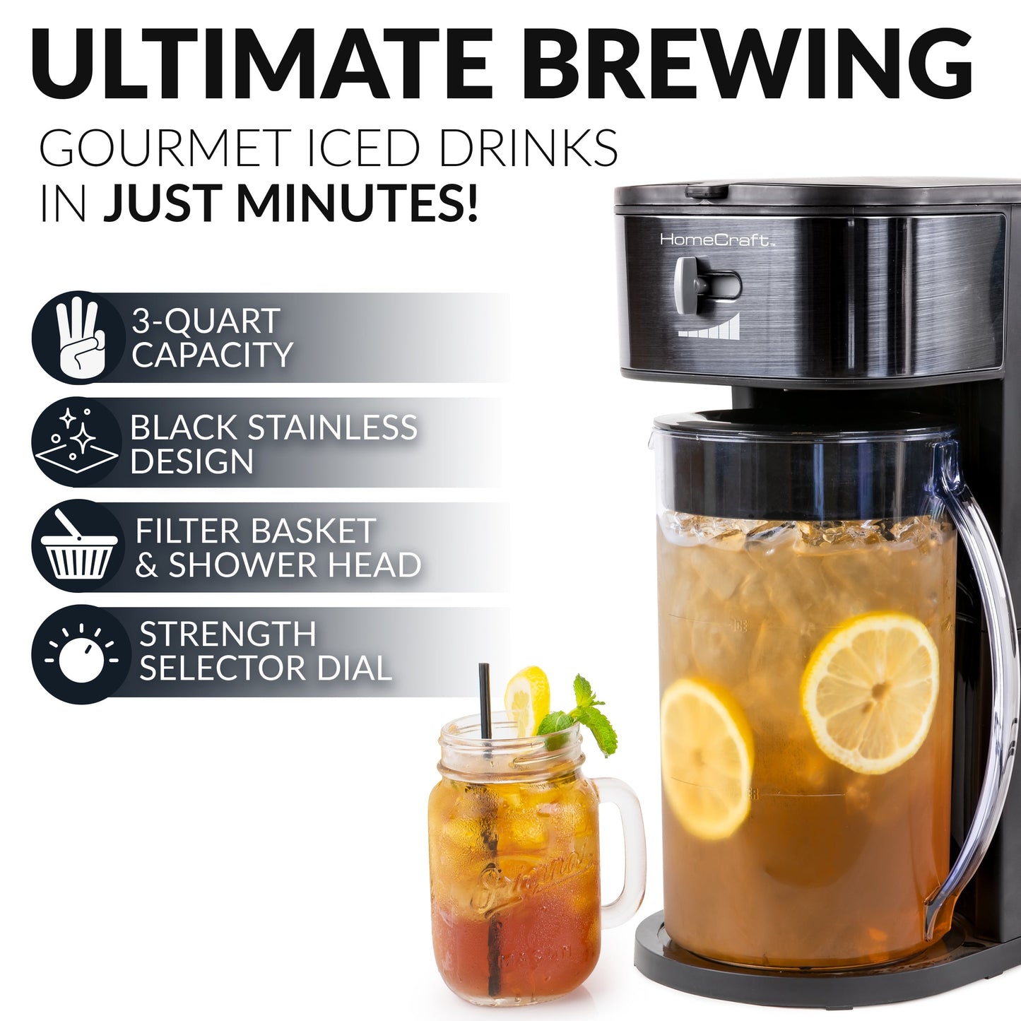 HomeCraft 3-Quart Black Stainless Steel Cafe Ice Iced Coffee and Tea Brewing System