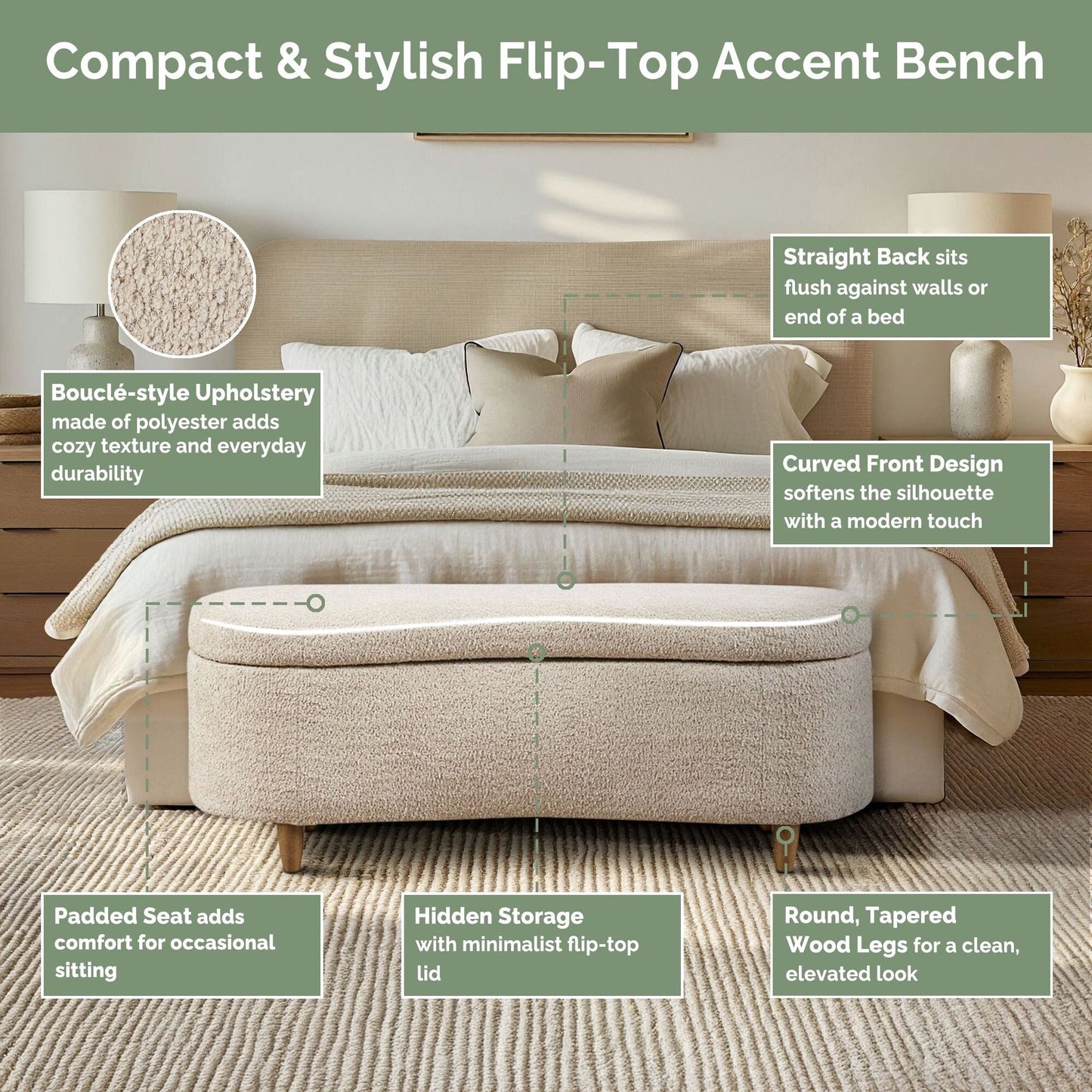 INK IVY Bailey Boucle-Style Curved Storage Accent Bench