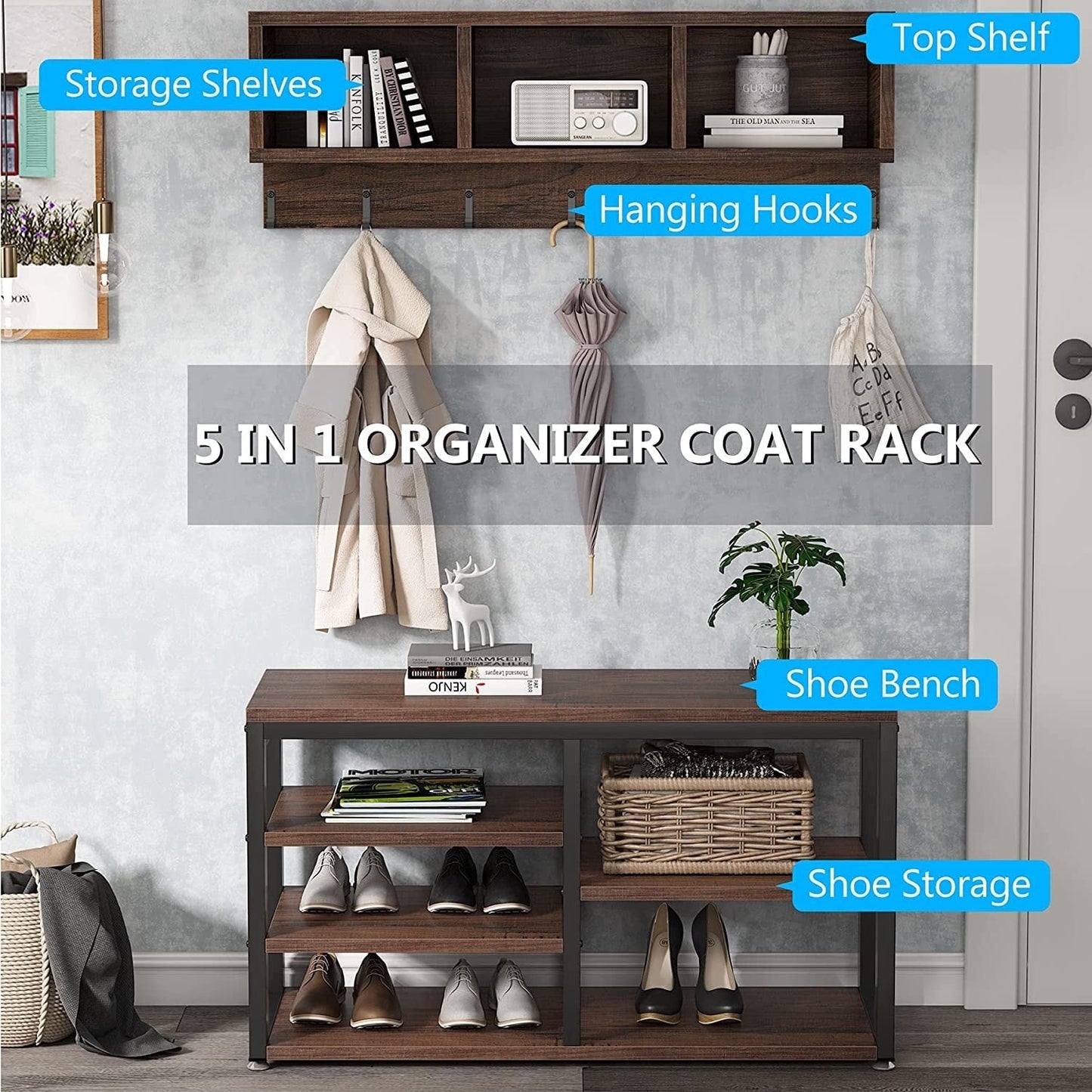 Entryway Coat Rack Shoe Bench Set, Industrial Hall Tree Coat Shoe Rack