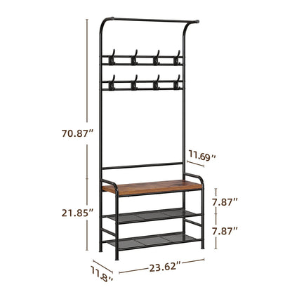 Industrial Entryway Coat Rack with Shoe Bench 3-in-1 Functional Hall Tree