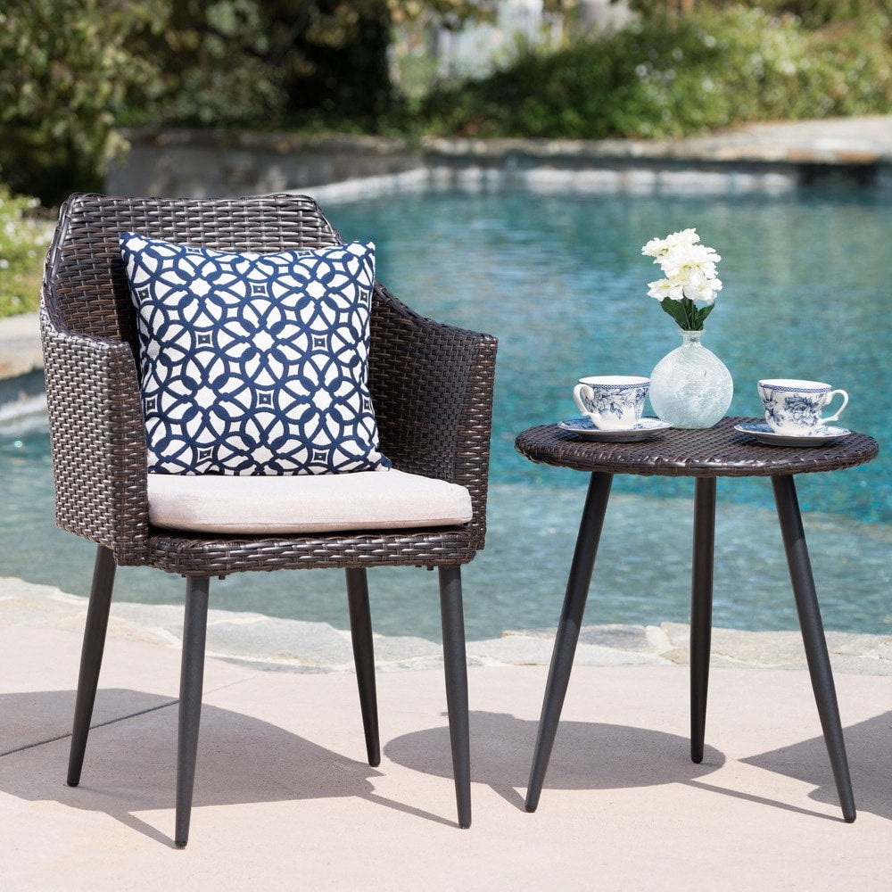 Iona Outdoor 3-Piece Round Wicker Chat Set with Cushions by Christopher Knight Home