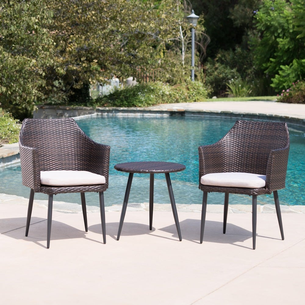 Iona Outdoor 3-Piece Round Wicker Chat Set with Cushions by Christopher Knight Home