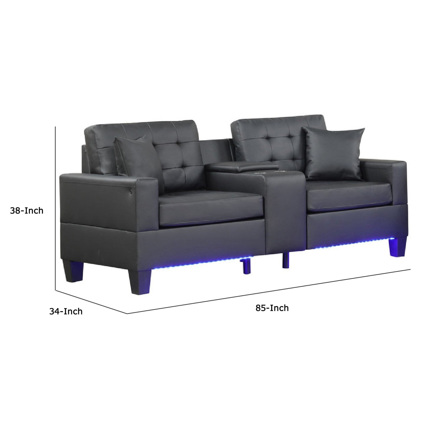 Iris Sofa with LED, USB Ports, Cupholders, Black Faux Leather 85 Inch
