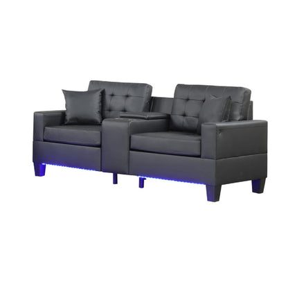Iris Sofa with LED, USB Ports, Cupholders, Black Faux Leather 85 Inch