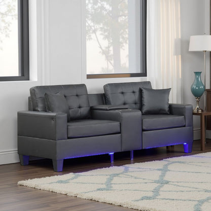 Iris Sofa with LED, USB Ports, Cupholders, Black Faux Leather 85 Inch