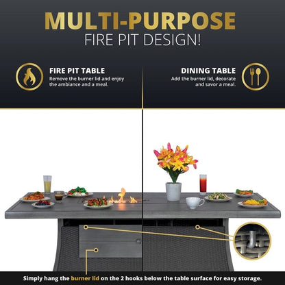 Kinger Home Isla Rattan 7-Piece Patio Set with Propane Fire Pit Table - 76-Inch