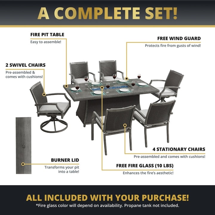 Kinger Home Isla Rattan 7-Piece Patio Set with Propane Fire Pit Table - 76-Inch