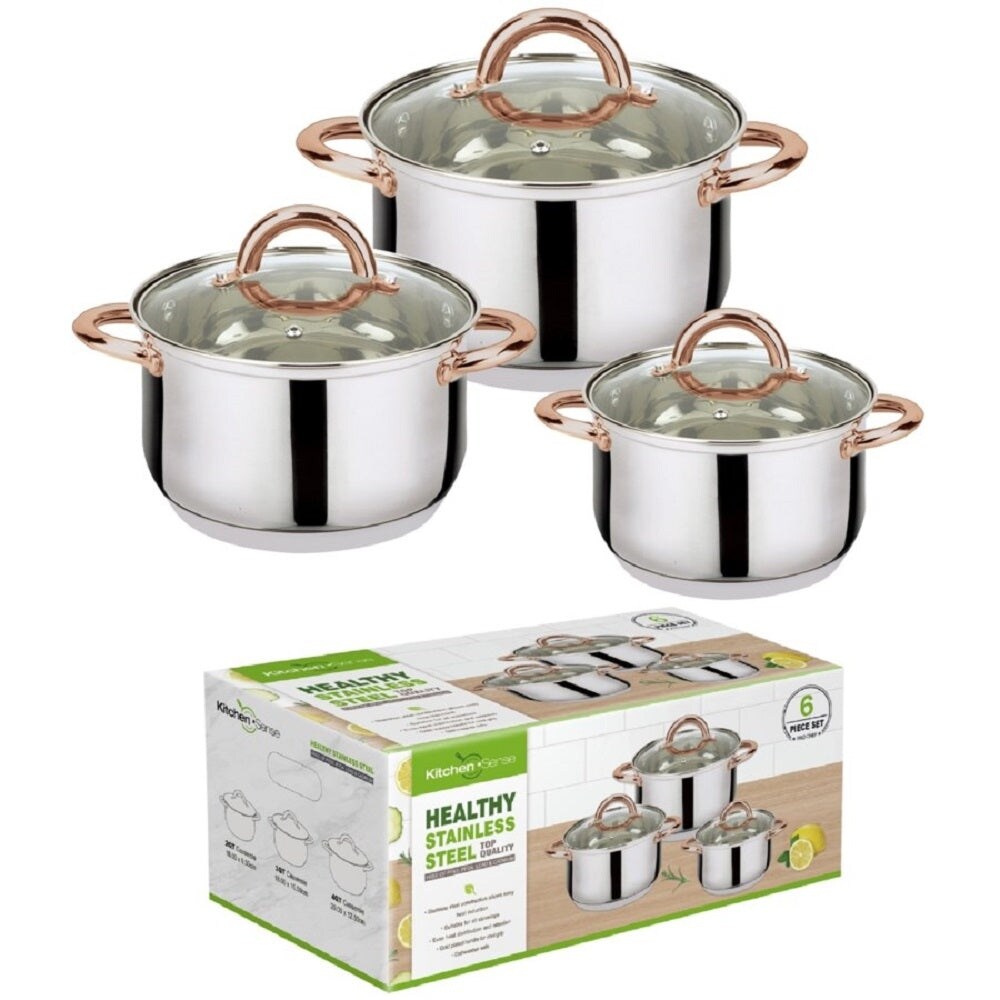 J&V Textiles 6 Piece Stainless Steel Casserole Set Pots and Lids Gray Size 16X9.50,18X10.50,20X12.50