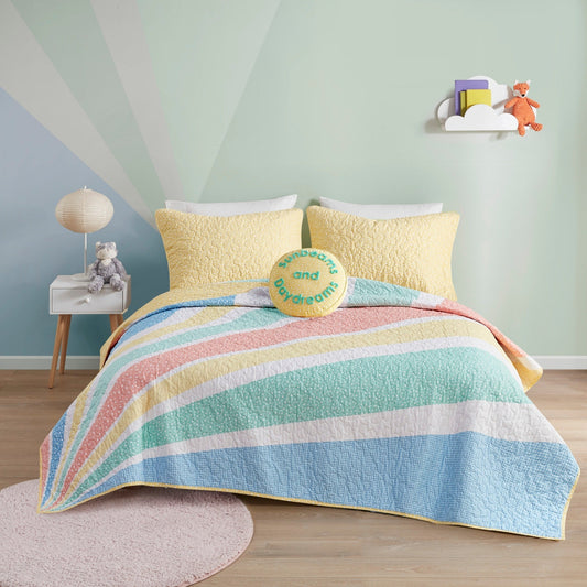 Intelligent Design Kids Jessie Rainbow Sunburst Reversible Cotton Quilt Set with Throw Pillow