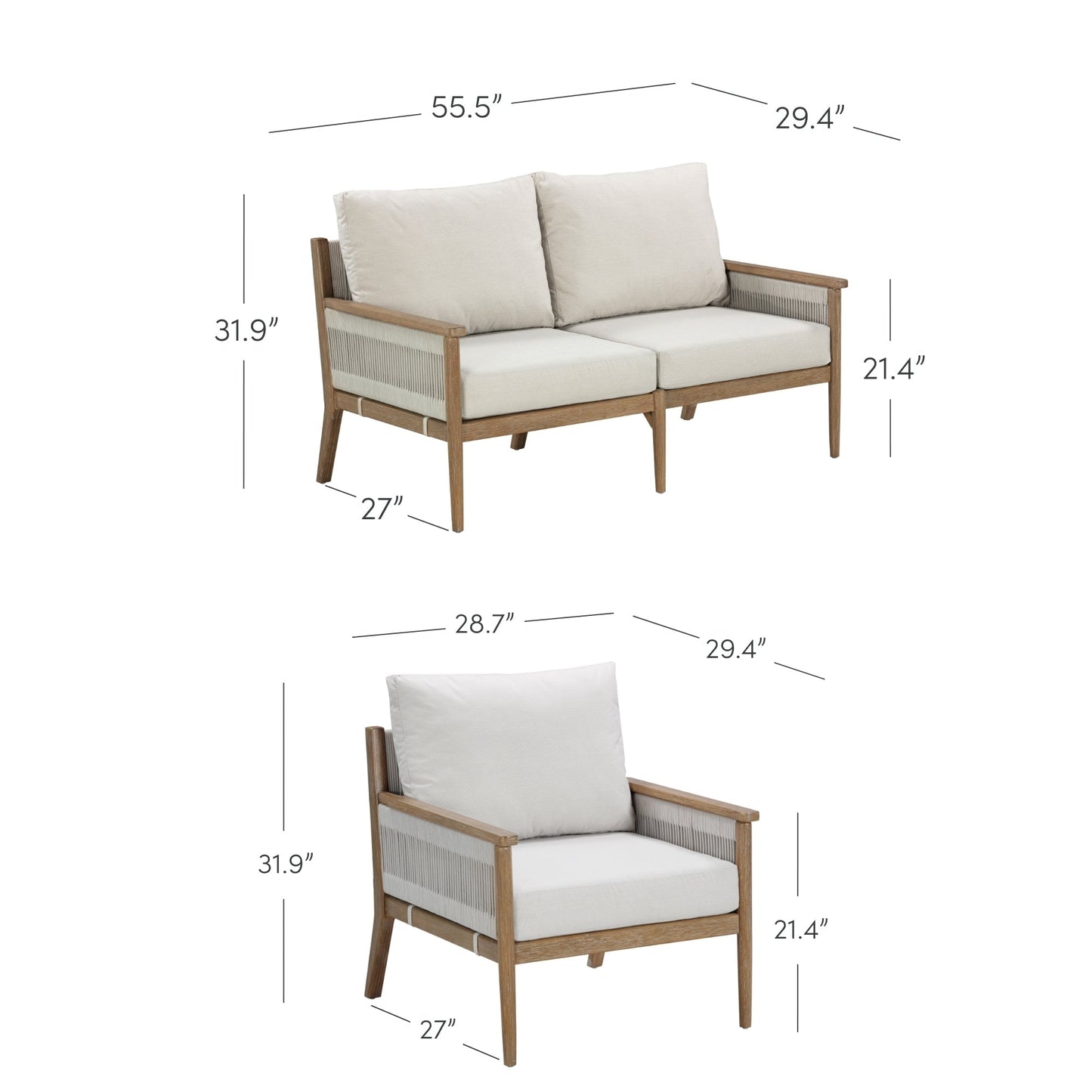 Kayden Bohemian 3-Piece Patio Conversation Set, Outdoor Loveseat and Chair Set with Solid Acacia Wood Frame