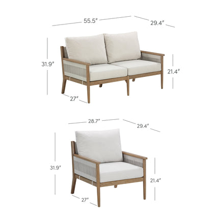 Kayden Bohemian 3-Piece Patio Conversation Set, Outdoor Loveseat and Chair Set with Solid Acacia Wood Frame