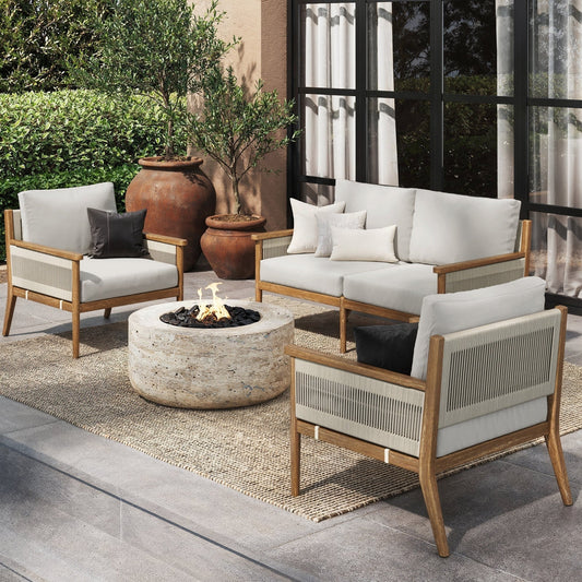Kayden Bohemian 3-Piece Patio Conversation Set, Outdoor Loveseat and Chair Set with Solid Acacia Wood Frame