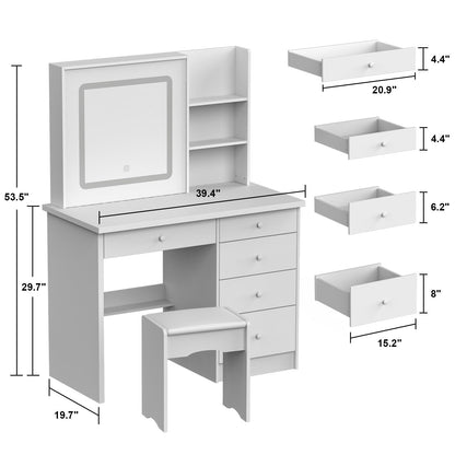 Kerrogee Makeup Vanity Set with Adjustable Lighted Mirror & Stool - 39.4L x 19.7W x 53.5H