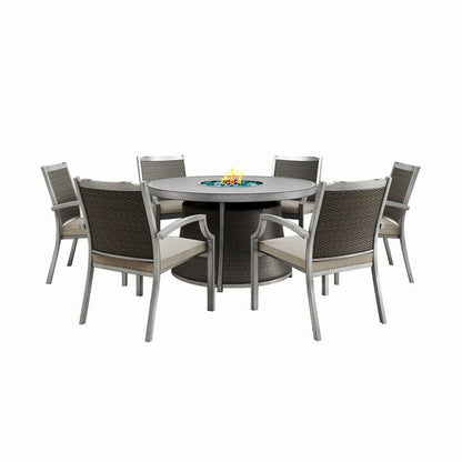 Kinger Home Isla Rattan 7-Piece Patio Set with Propane Fire Pit Table - 76-Inch