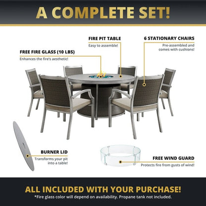 Kinger Home Isla Rattan 7-Piece Patio Set with Propane Fire Pit Table - 76-Inch