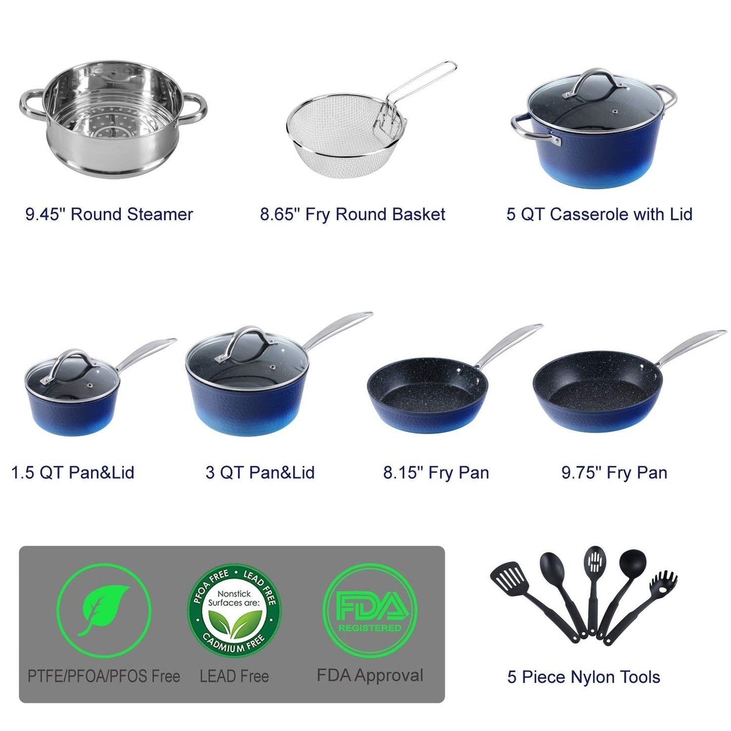 Kitchen Academy 15-piece Nonstick Granite-coated Cookware Set