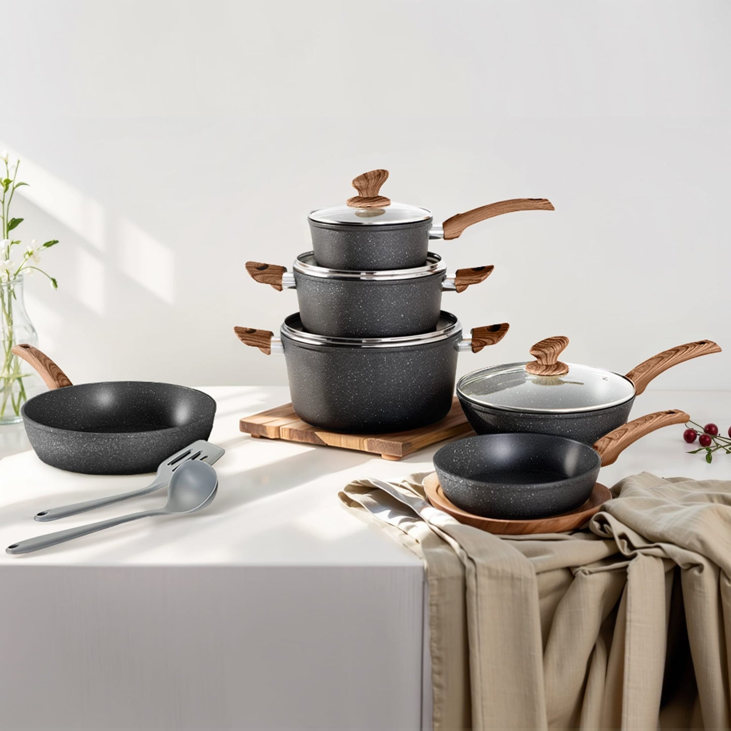 Kitchen Granite Cookware Set, Cooking Pans Set Non-Stick Pots 12/15/30-piece Set
