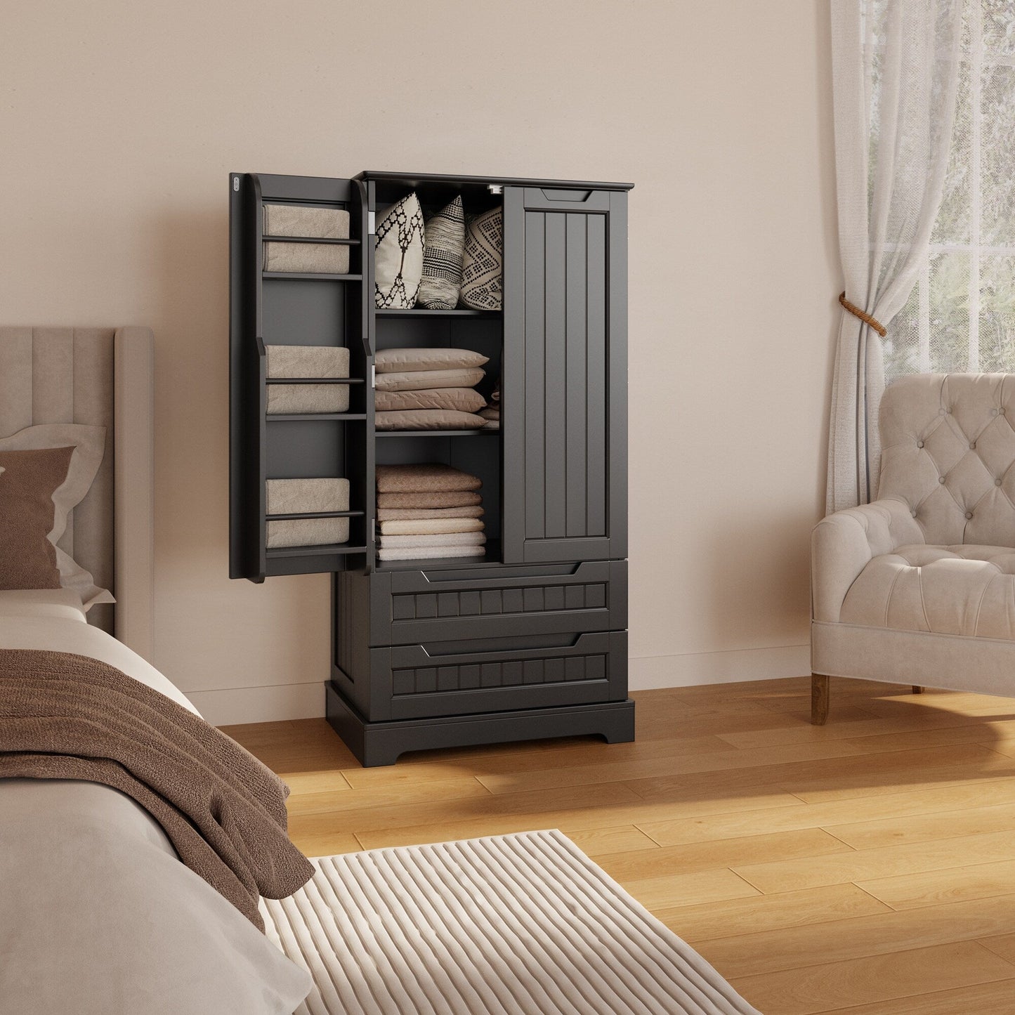 Kitchen Storage Pantry Cabinet, Freestanding Bathroom Storage Cabinet with 2 Doors and Drawers