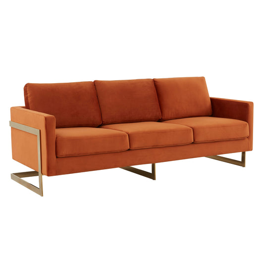 LeisureMod Lincoln Modern Upholstered Velvet Sofa with Gold Frame - 83