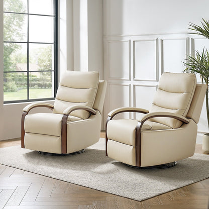 Leopold Genuine Leather Swivel Rocking Manual Recliner Chair with Wooden Arm Accents Set of 2 by HULALA HOME