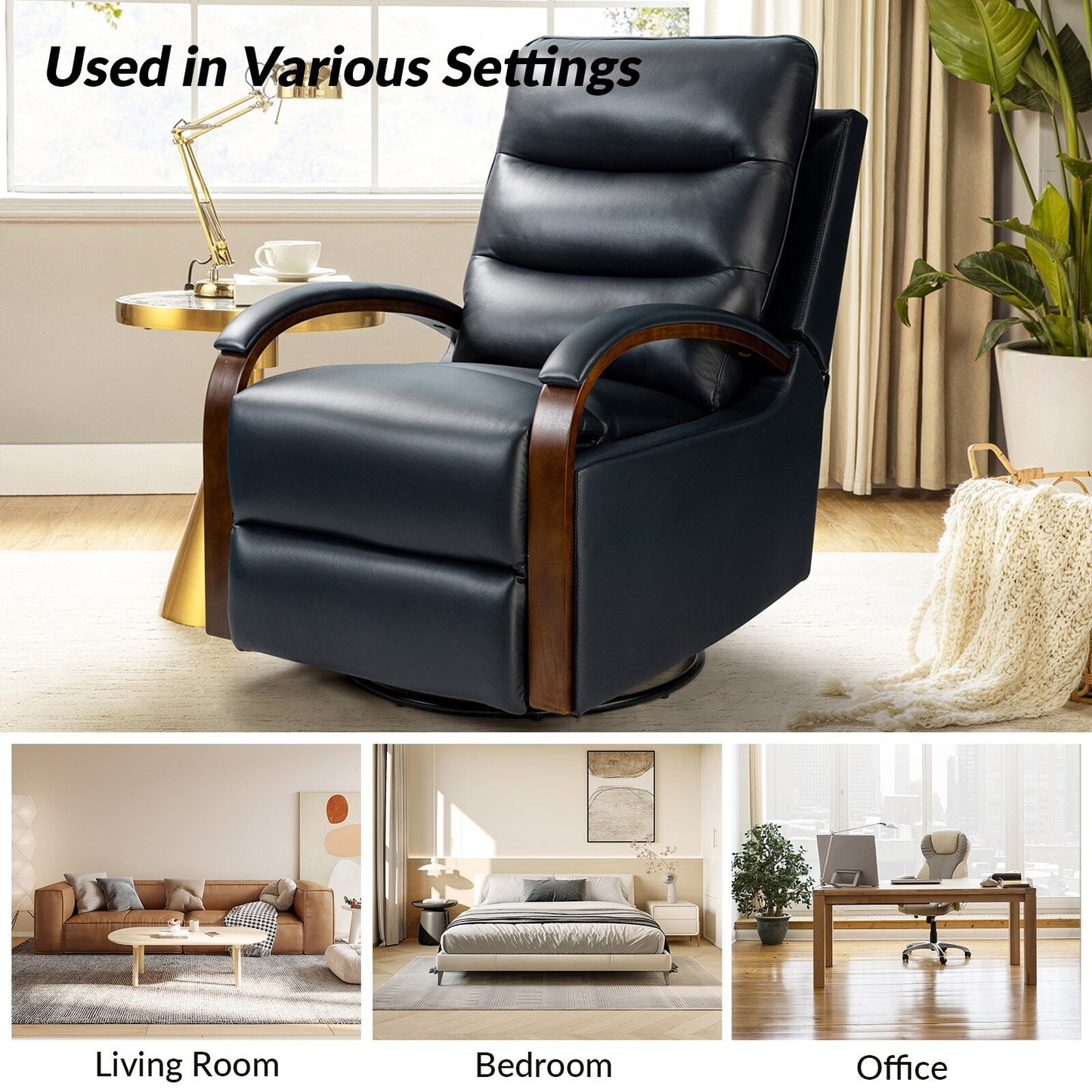 Leopold Genuine Leather Swivel Rocking Manual Recliner Chair with Wooden Arm Accents Set of 2 by HULALA HOME