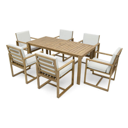 Light Teak 7-Piece Wood Outdoor Dining Set with Light Beige Grey Cushion and Umbrella Hole