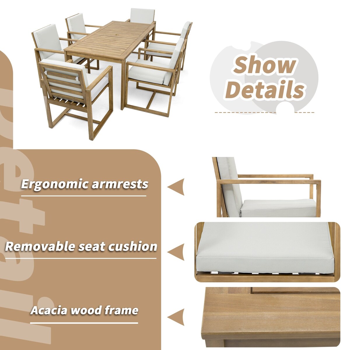 Light Teak 7-Piece Wood Outdoor Dining Set with Light Beige Grey Cushion and Umbrella Hole