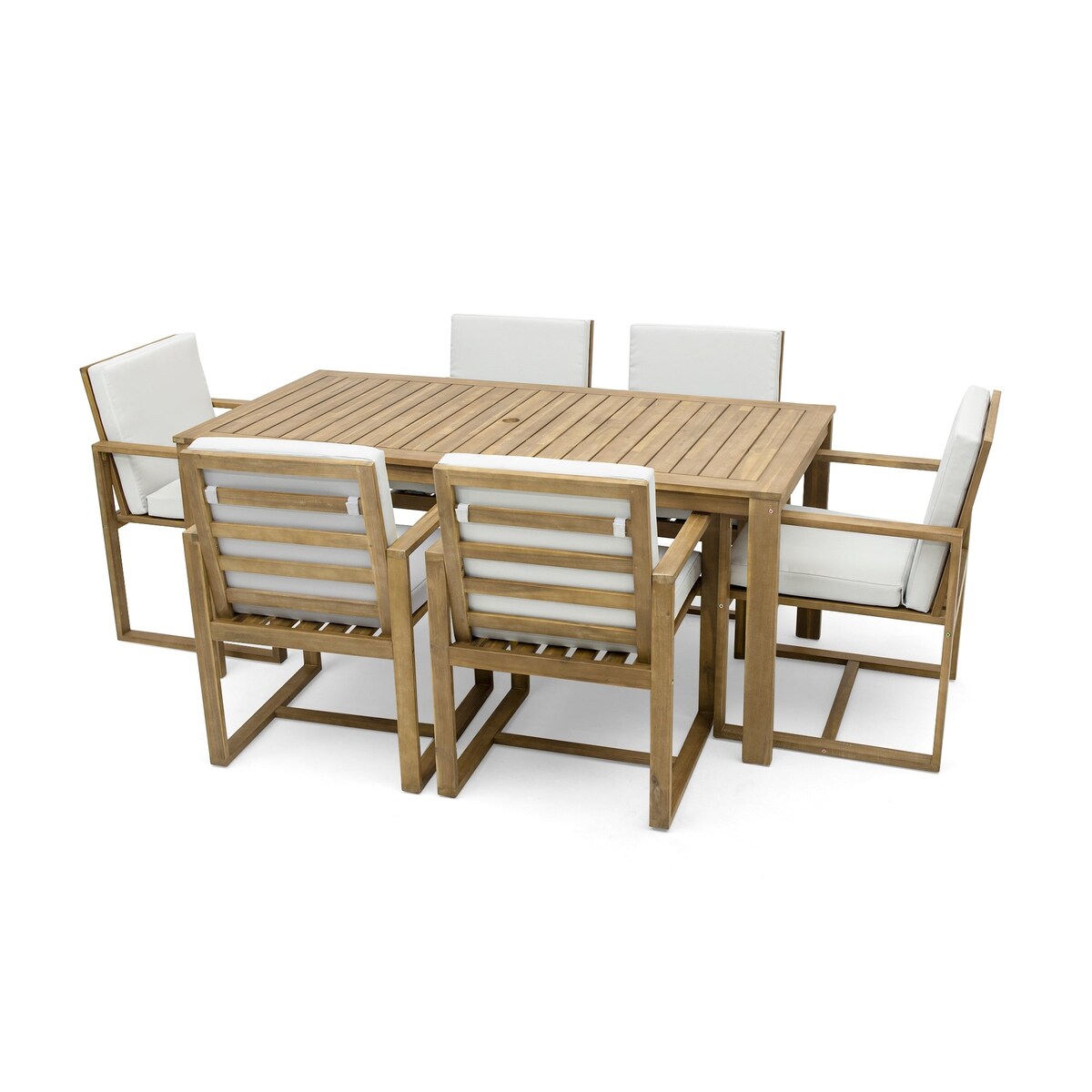 Light Teak 7-Piece Wood Outdoor Dining Set with Light Beige Grey Cushion and Umbrella Hole