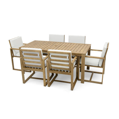 Light Teak 7-Piece Wood Outdoor Dining Set with Light Beige Grey Cushion and Umbrella Hole