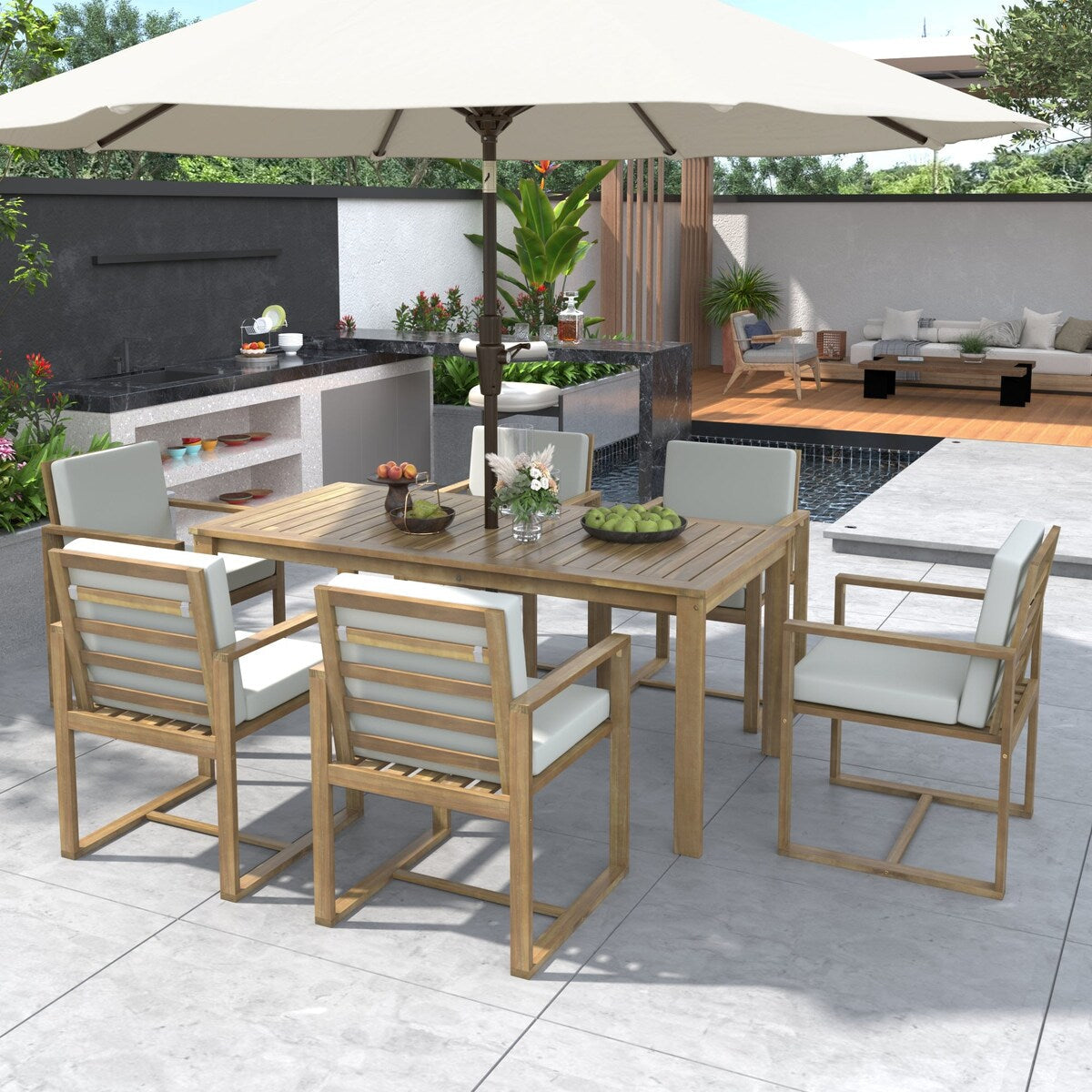 Light Teak 7-Piece Wood Outdoor Dining Set with Light Beige Grey Cushion and Umbrella Hole