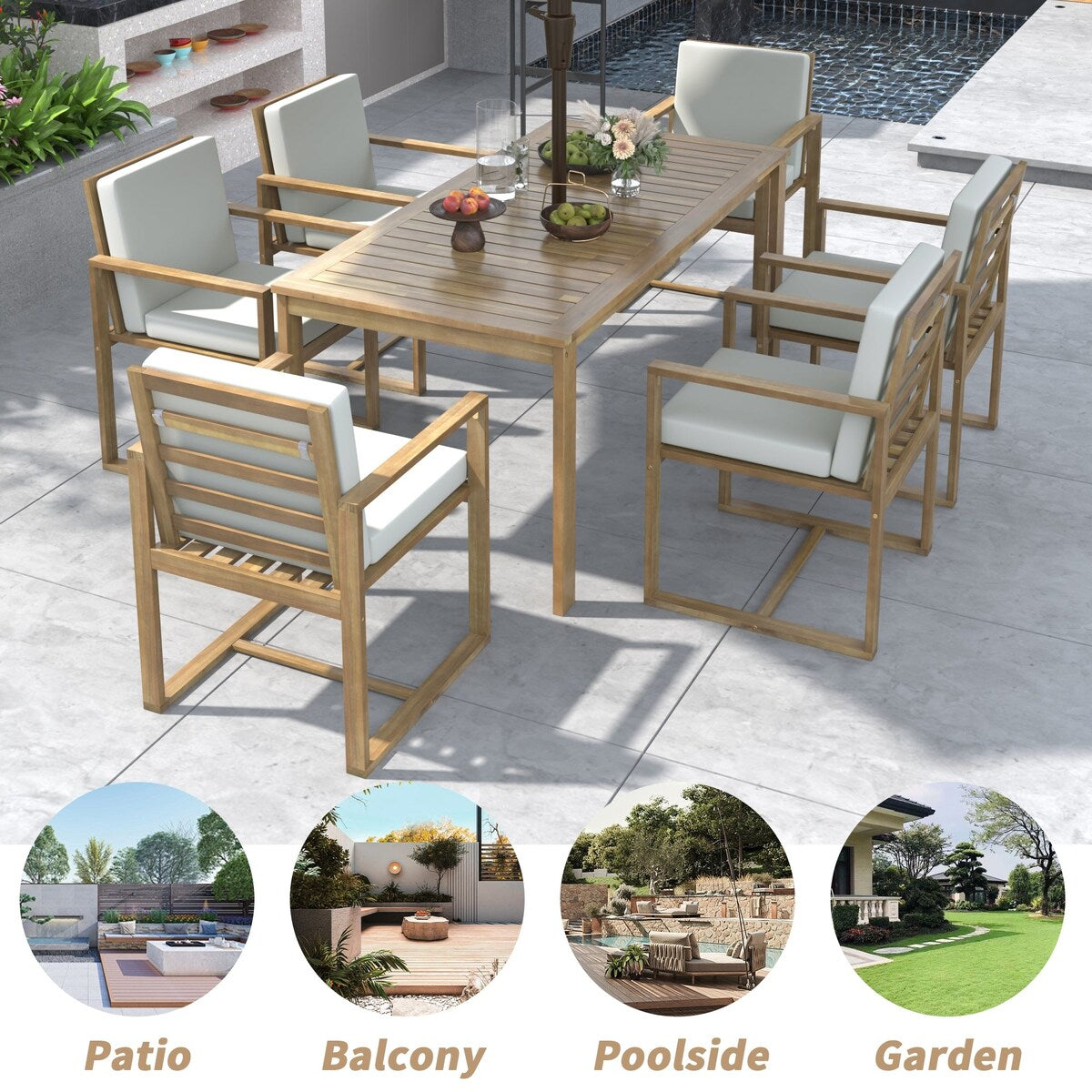 Light Teak 7-Piece Wood Outdoor Dining Set with Light Beige Grey Cushion and Umbrella Hole
