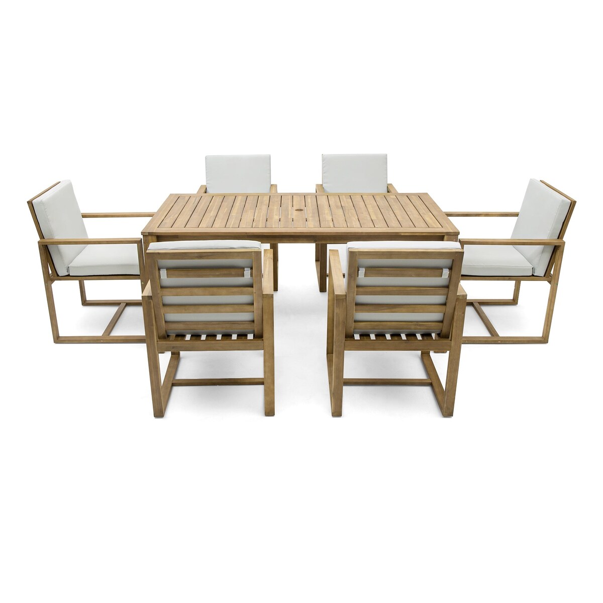 Light Teak 7-Piece Wood Outdoor Dining Set with Light Beige Grey Cushion and Umbrella Hole
