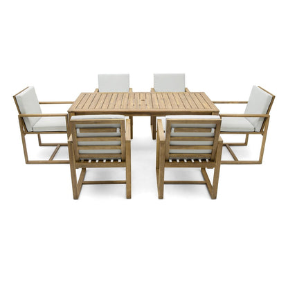 Light Teak 7-Piece Wood Outdoor Dining Set with Light Beige Grey Cushion and Umbrella Hole