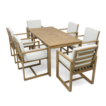 Light Teak 7-Piece Wood Outdoor Dining Set with Light Beige Grey Cushion and Umbrella Hole