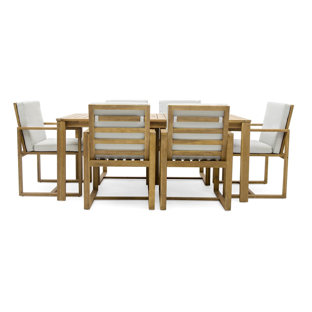 Light Teak 7-Piece Wood Outdoor Dining Set with Light Beige Grey Cushion and Umbrella Hole