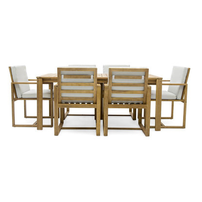 Light Teak 7-Piece Wood Outdoor Dining Set with Light Beige Grey Cushion and Umbrella Hole