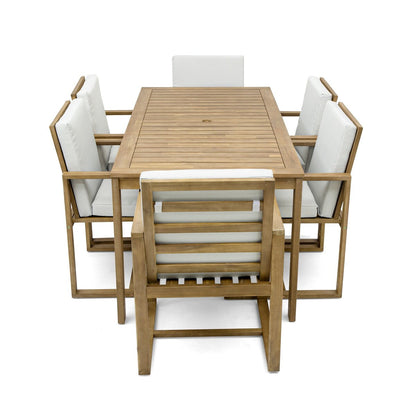 Light Teak 7-Piece Wood Outdoor Dining Set with Light Beige Grey Cushion and Umbrella Hole